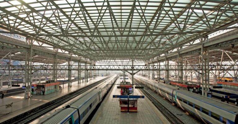 Platforms - A train station with a large roof and many trains